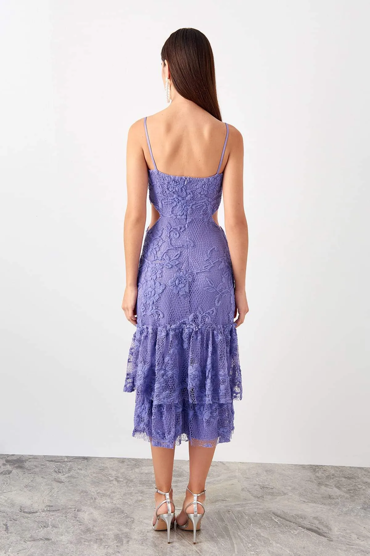 11689 Lilac Cutout Waist Lace Dress