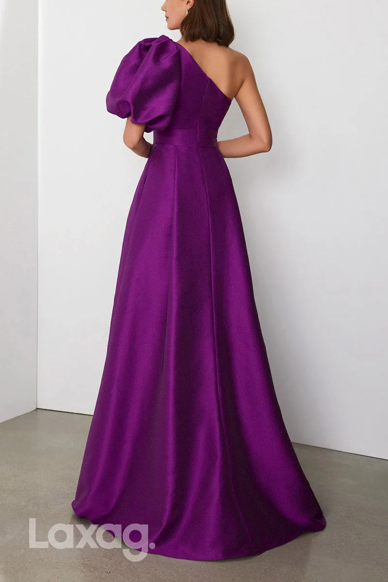 22875 - A-Line One Shoulder Puff Sleeves Sleek Satin Cocktail Party Formal Evening Dress