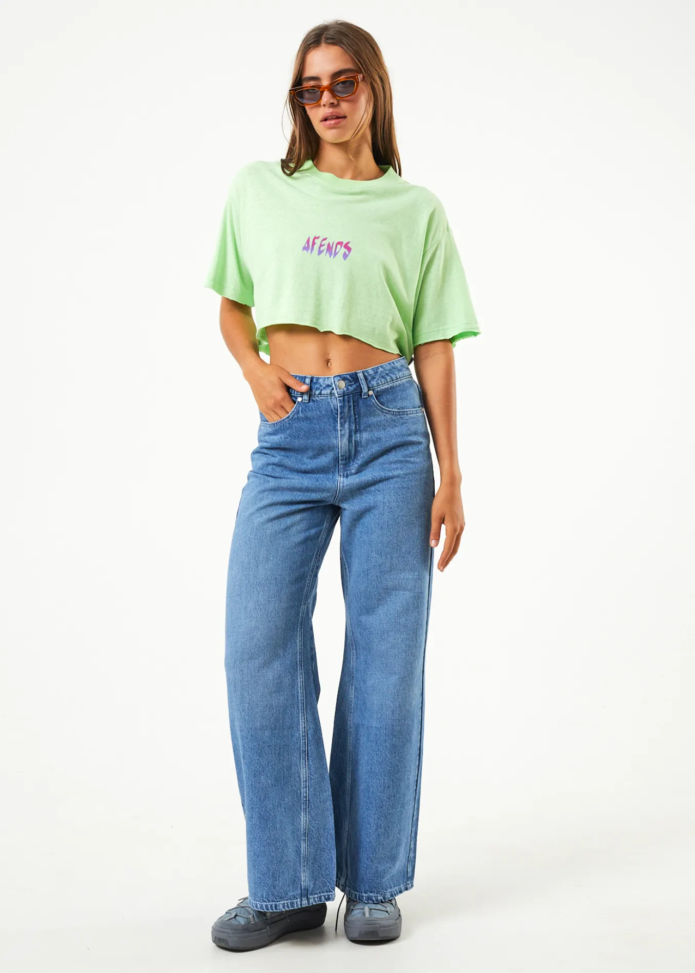Afends Womens Electric Slay Cropped - Hemp Oversized T-Shirt - Lime Green