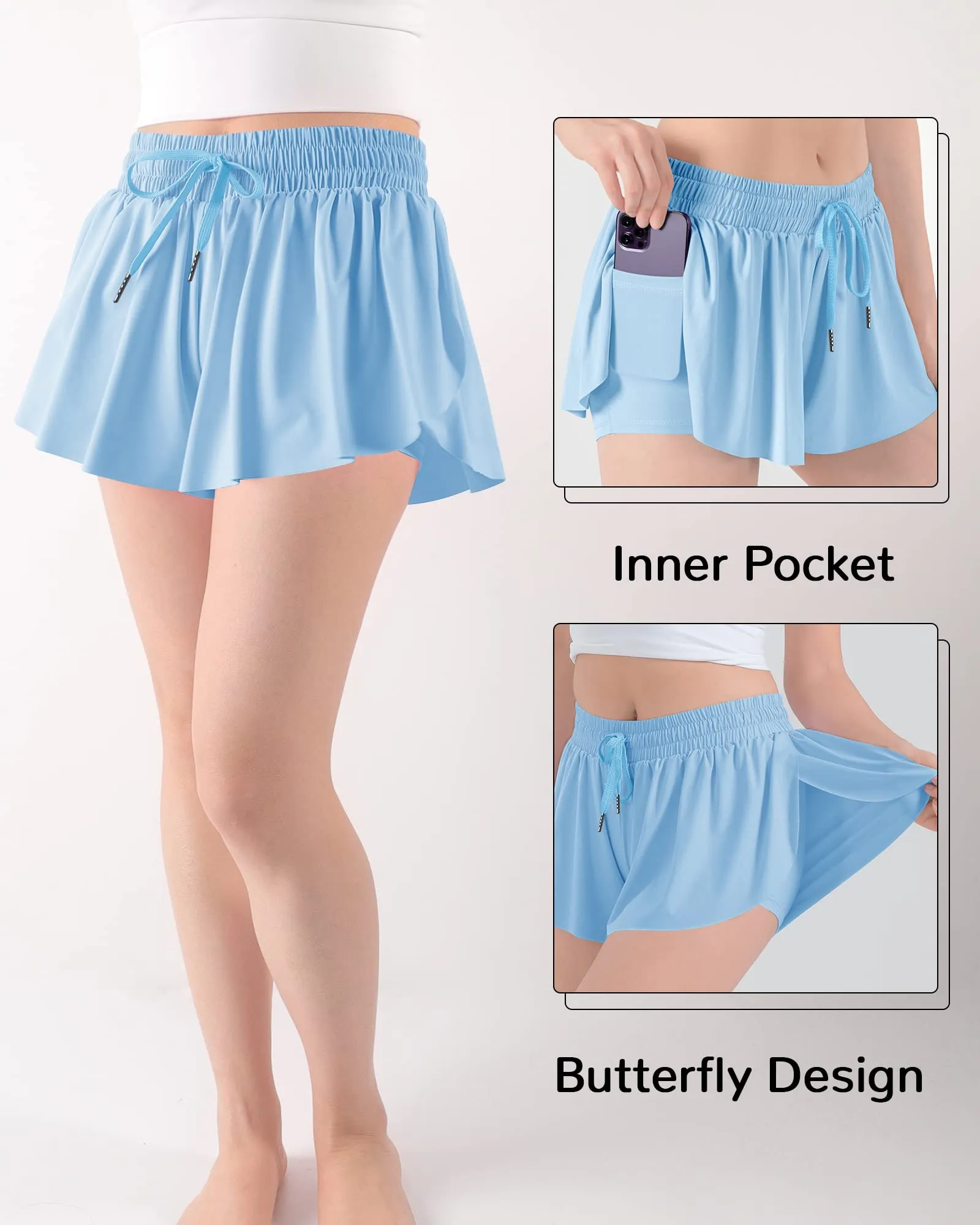 BOOPH Girls Flowy Butterfly Shorts Athletic Shorts Girls with Inner Pockets for Running Tennis Blue 9-10Y