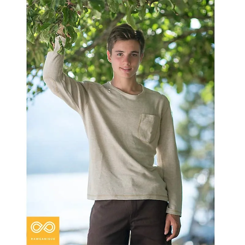 CAMBRIDGE Long-Sleeved 100% Organic Hemp Knit Shirt with Pocket (Plastic-free, Elastic-free, Latex-free) (100% Biodegradable OC Thread Option)