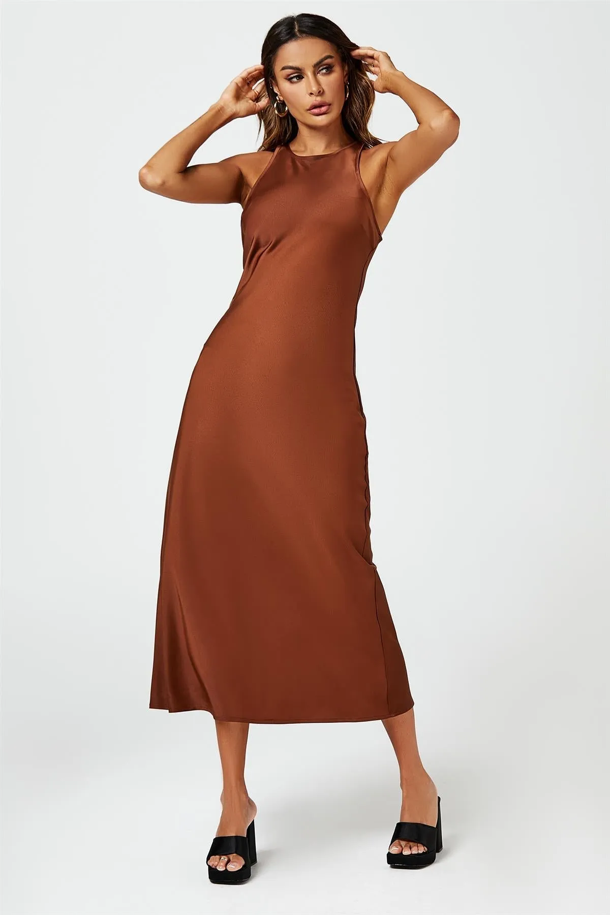 FS Collection Slim Fit Satin Midi Dress In Brown