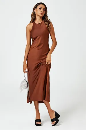 FS Collection Slim Fit Satin Midi Dress In Brown
