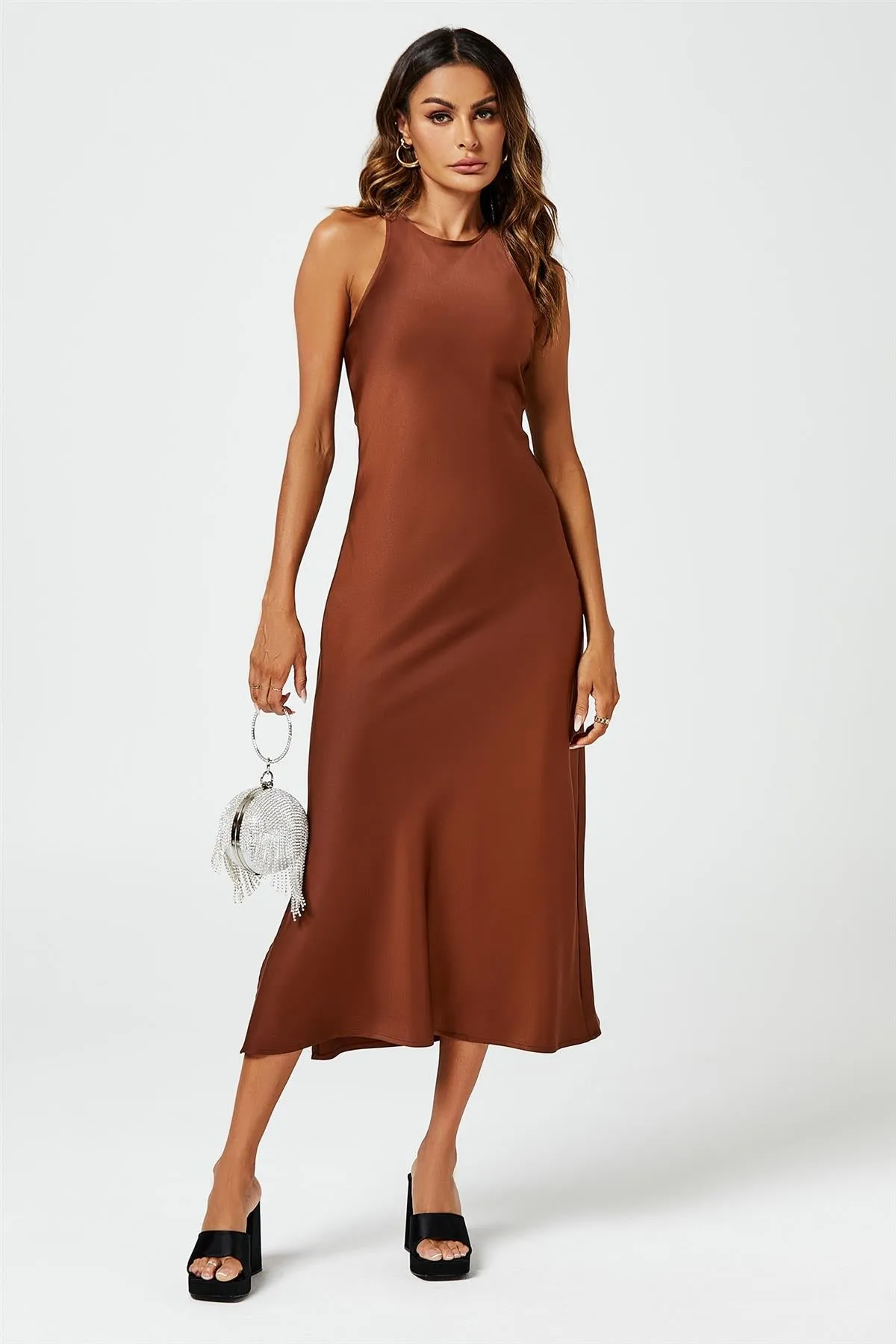 FS Collection Slim Fit Satin Midi Dress In Brown