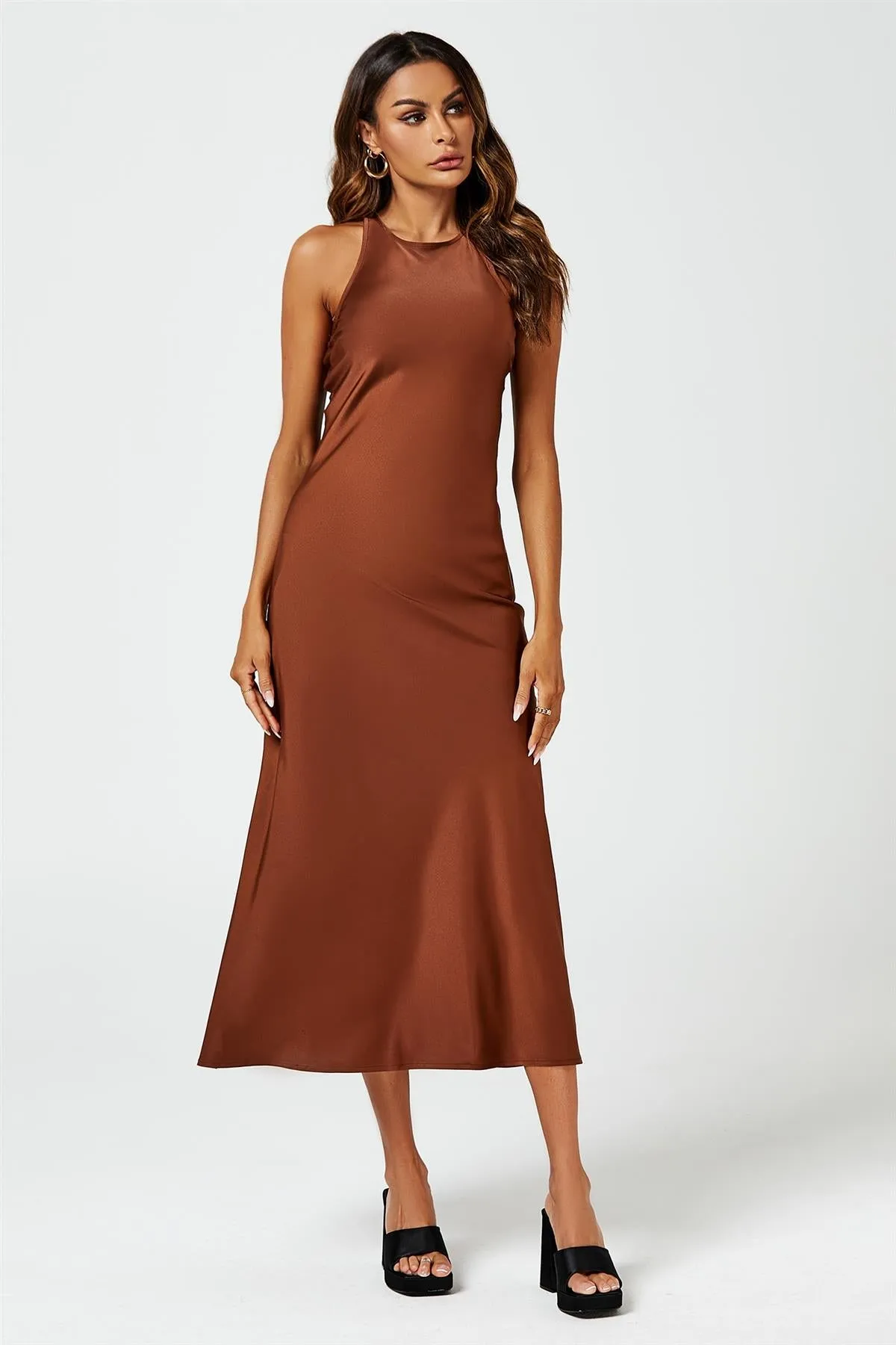 FS Collection Slim Fit Satin Midi Dress In Brown