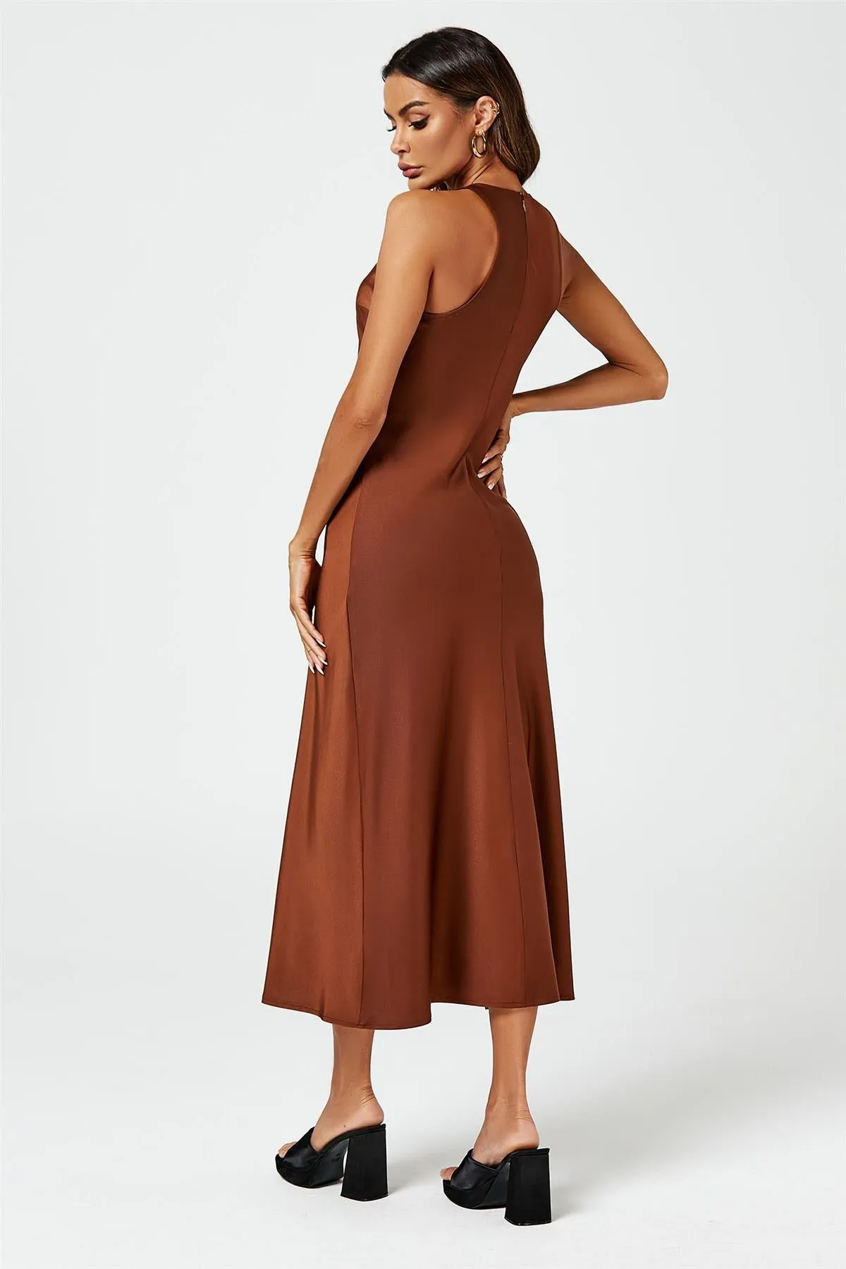FS Collection Slim Fit Satin Midi Dress In Brown