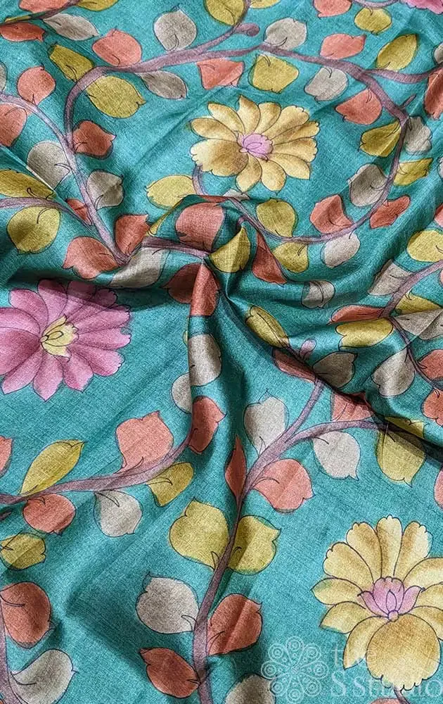 Green handpainted pen kalamkari tussar fabric