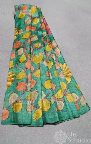 Green handpainted pen kalamkari tussar fabric