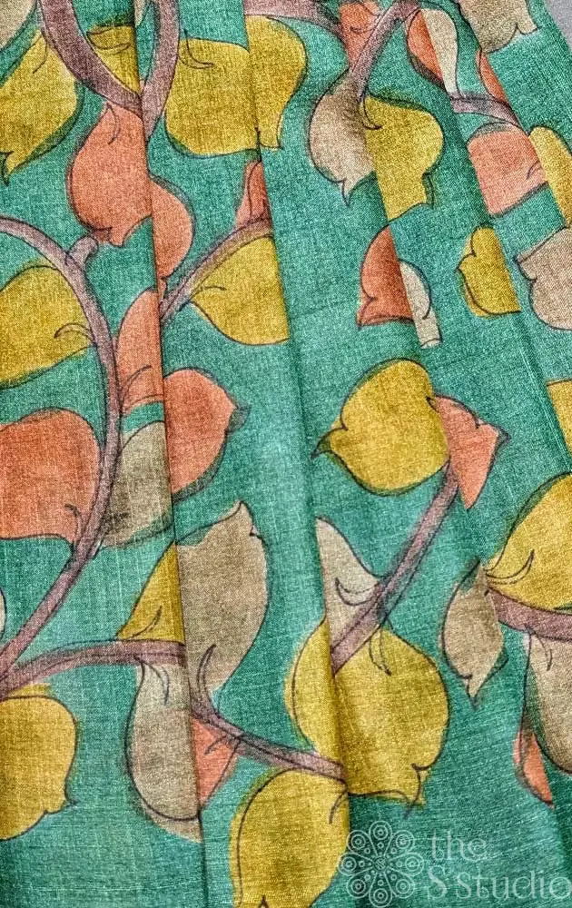 Green handpainted pen kalamkari tussar fabric
