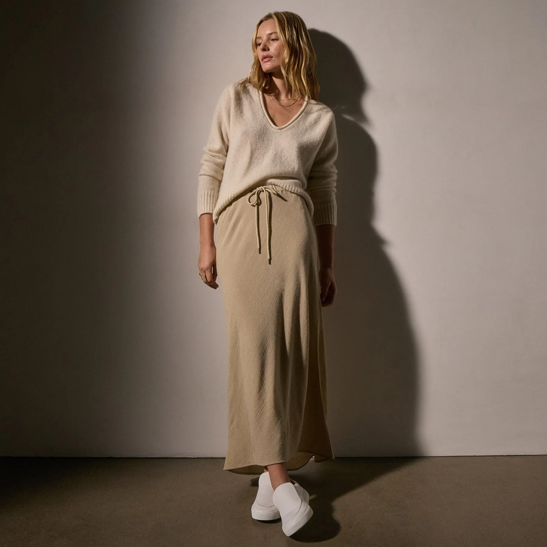 High Low Wool Blend Skirt - Biscuit