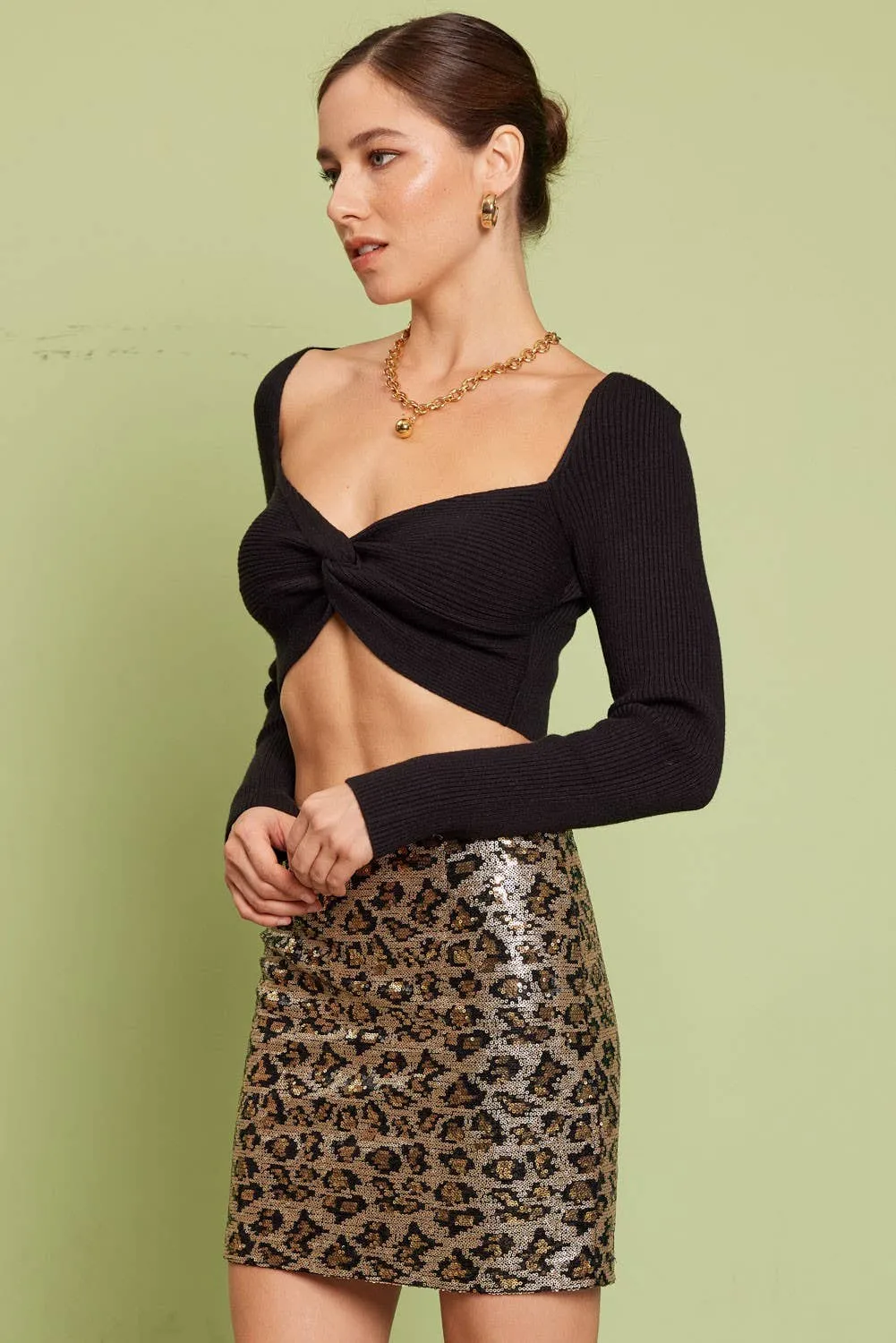 LEOPARD PRINTED SEQUIN MINI SKIRT