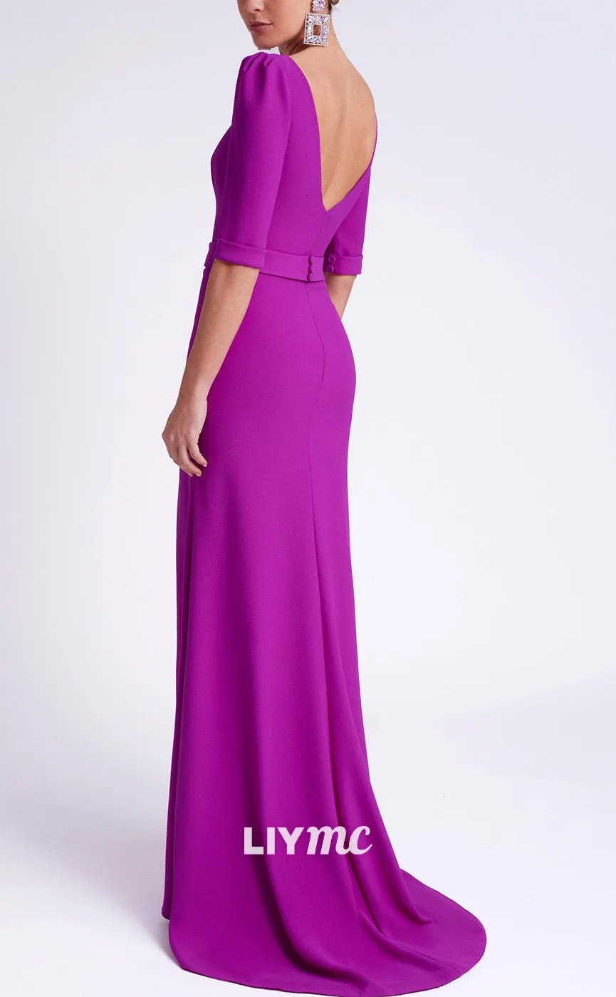 M1257 - Scoop Half Sleeves High Slit Sleek Satin Long Mother of Bride Dress Cocktail Dress