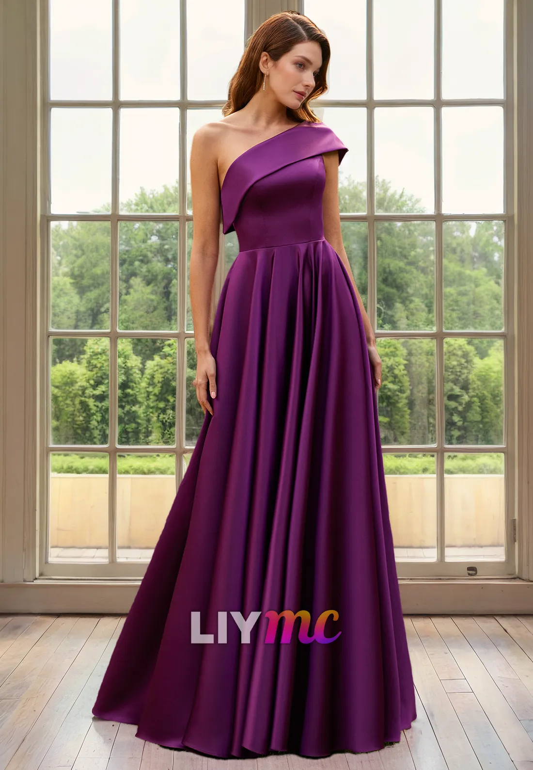 M1298 - Asymmetrical Sleeveles Pleated Sleek Satin A-Line Mother of Bride Dress Cocktail Dress