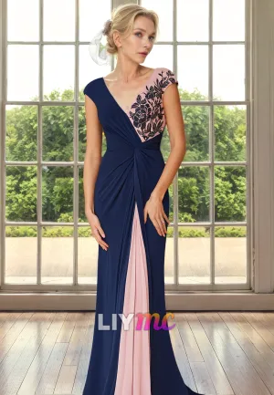 M1317 - V-Neck Cap Sleeves Appliques Mermaid Sleek Satin Mother of Bride Dress Cocktail Dress
