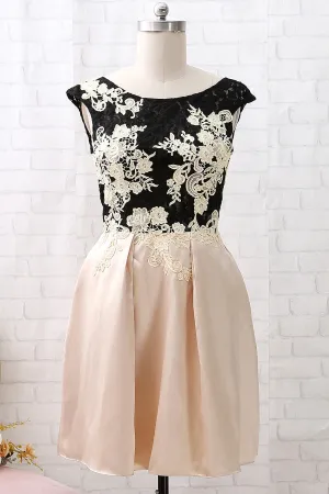 MACloth Cap Sleeves Lace Satin Short Cocktail Dress Champagne Wedding Party Dress