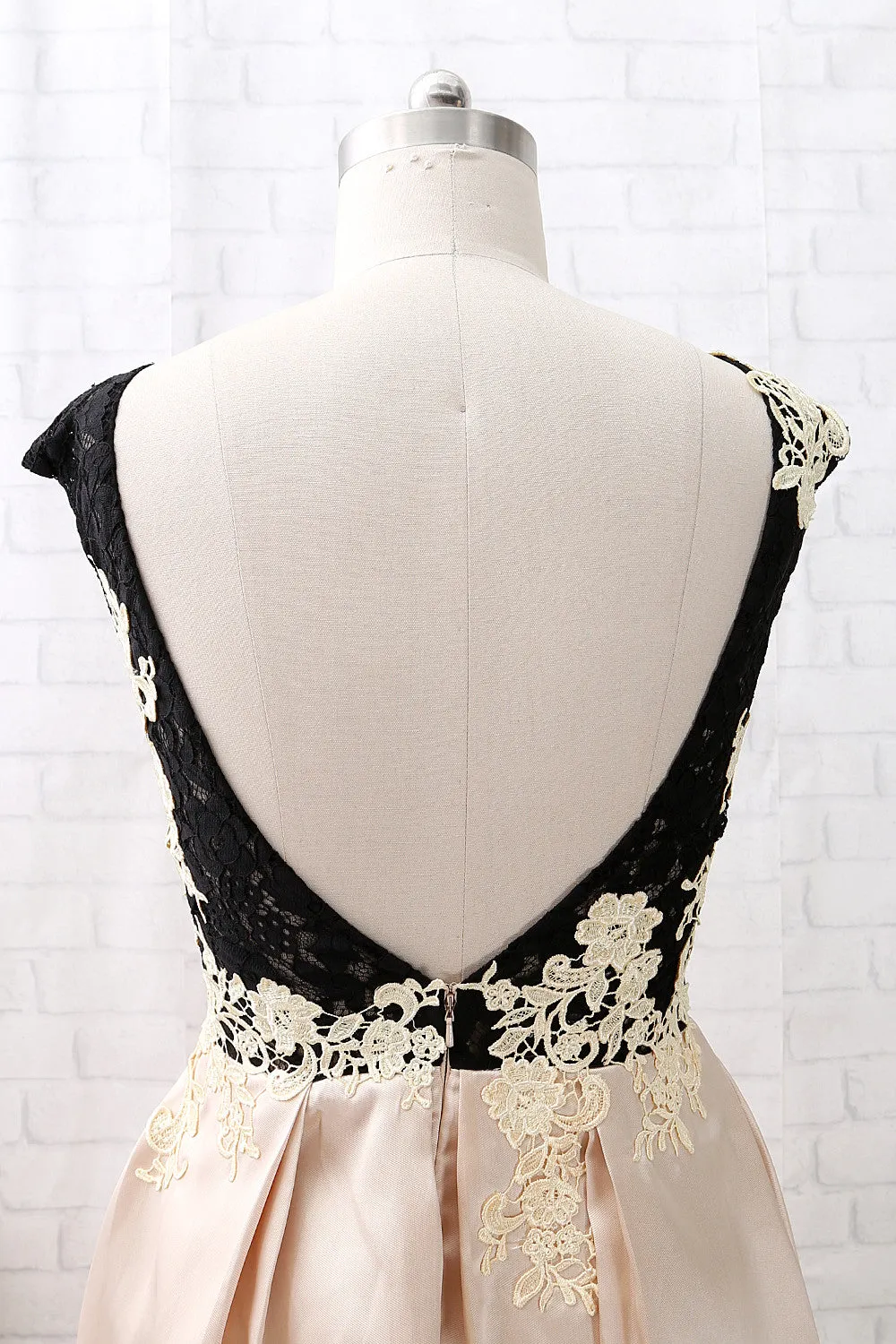MACloth Cap Sleeves Lace Satin Short Cocktail Dress Champagne Wedding Party Dress