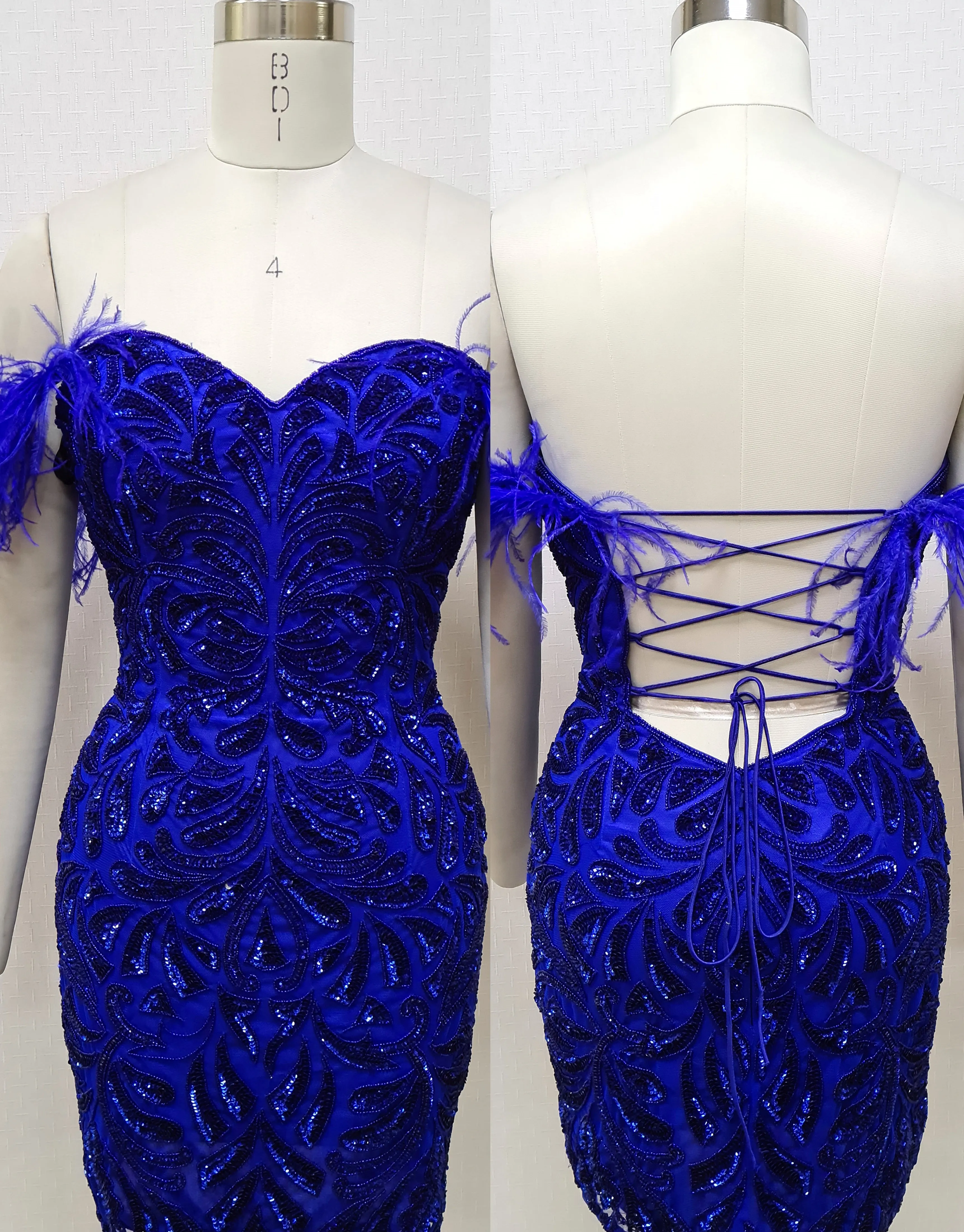 Primavera Couture 4057 Cocktail Dress Satin Beaded Sequin Design Off The Shoulder With Feather Detail Homecoming Cocktail Dress