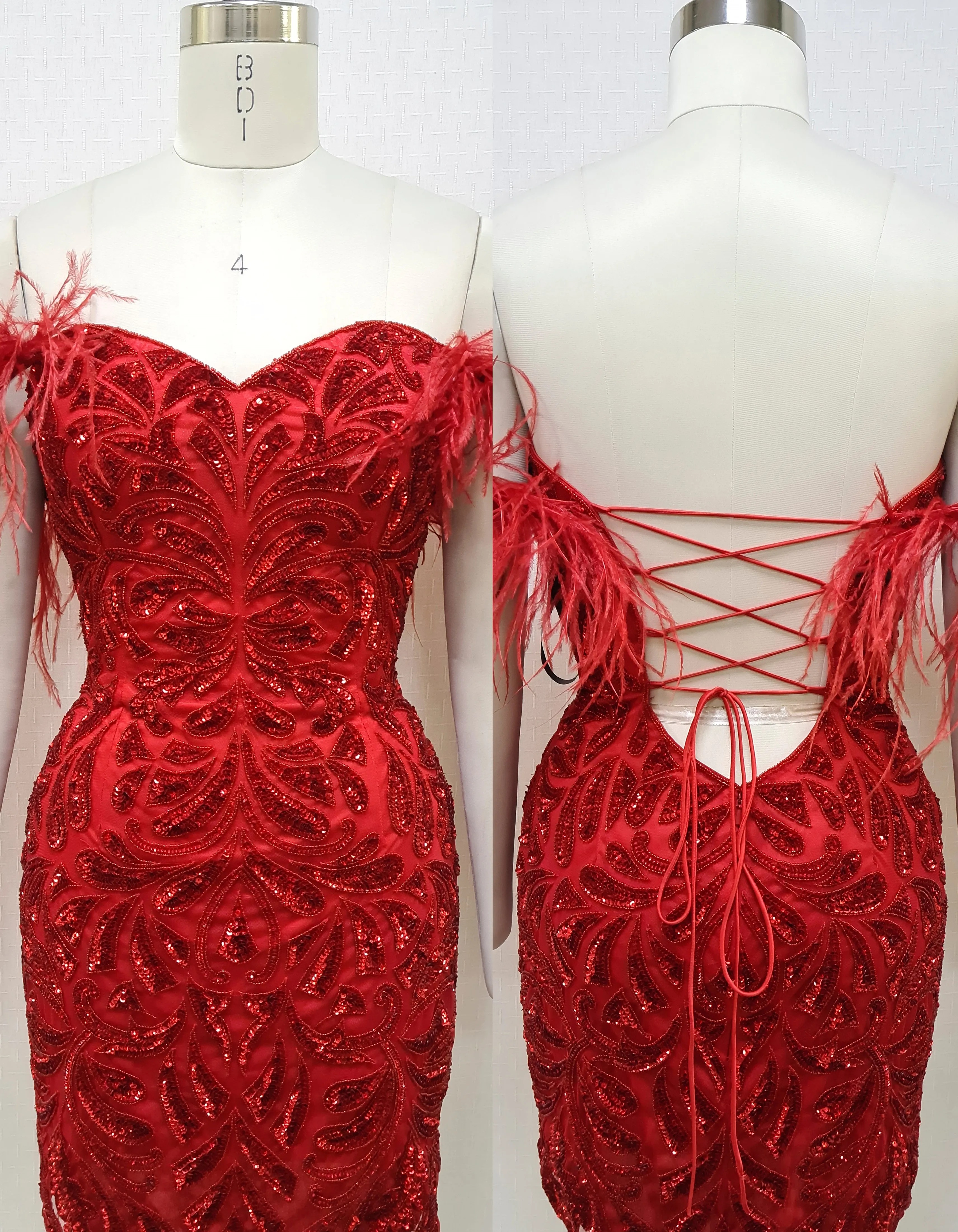Primavera Couture 4057 Cocktail Dress Satin Beaded Sequin Design Off The Shoulder With Feather Detail Homecoming Cocktail Dress