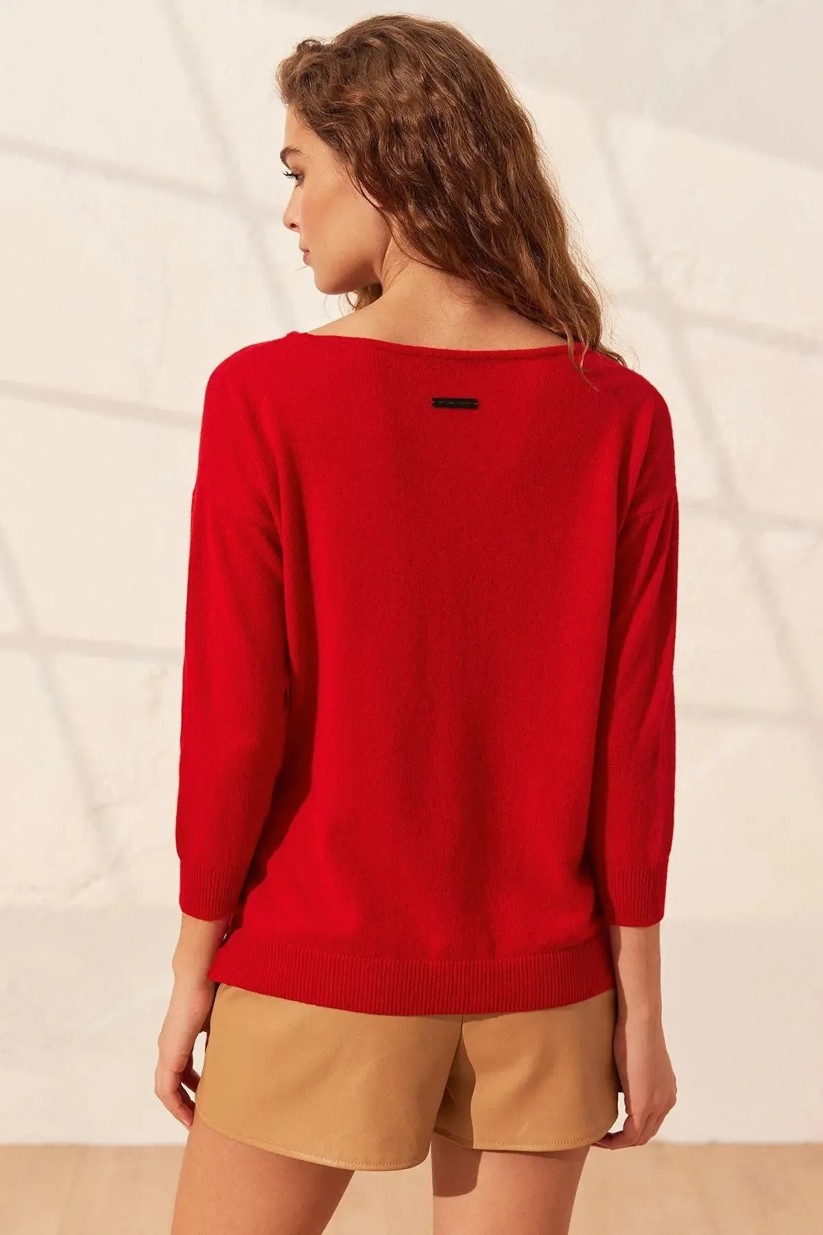Red Pure Cashmere Isabella Boat Neck Long Sleeve Women's Sweater
