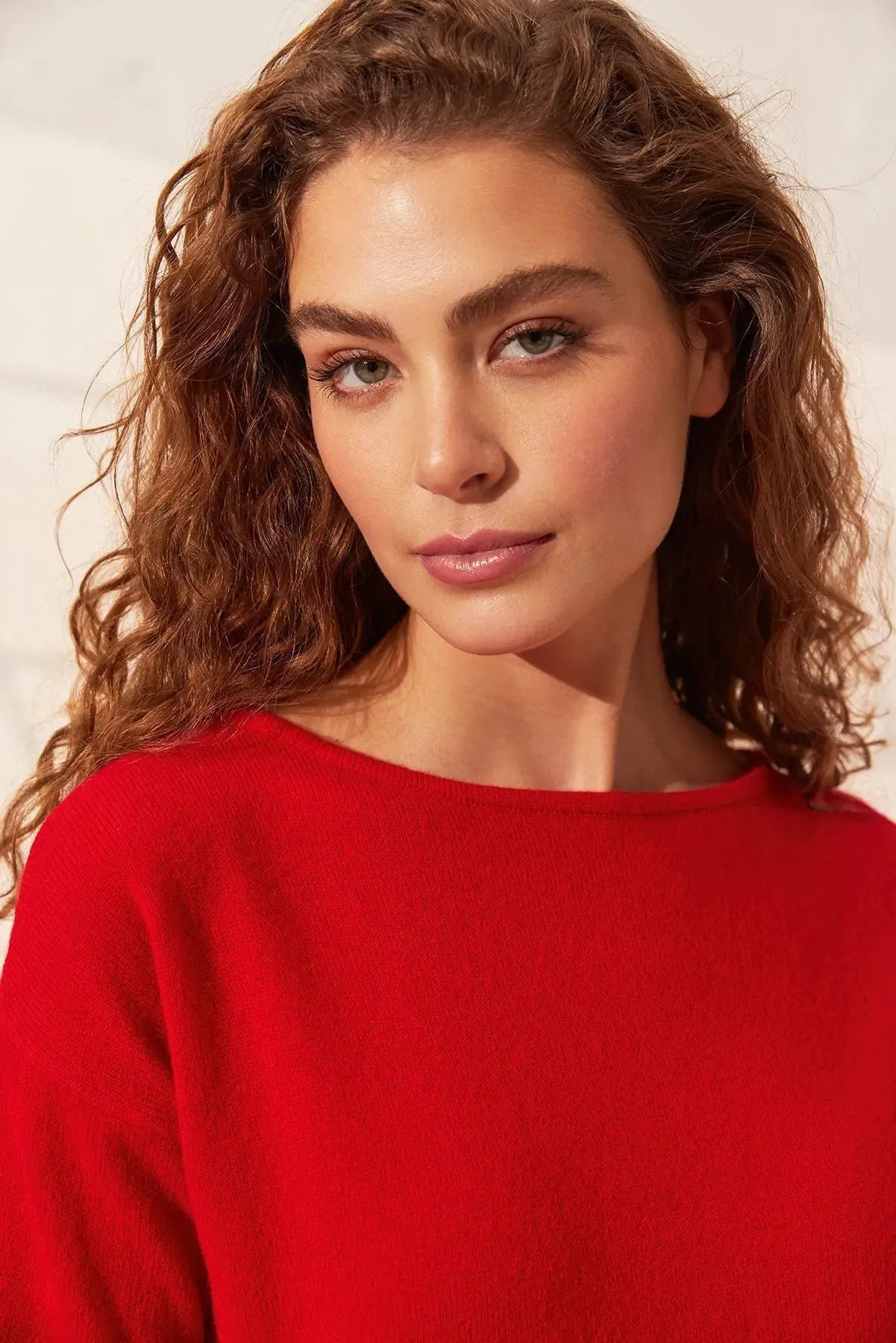 Red Pure Cashmere Isabella Boat Neck Long Sleeve Women's Sweater