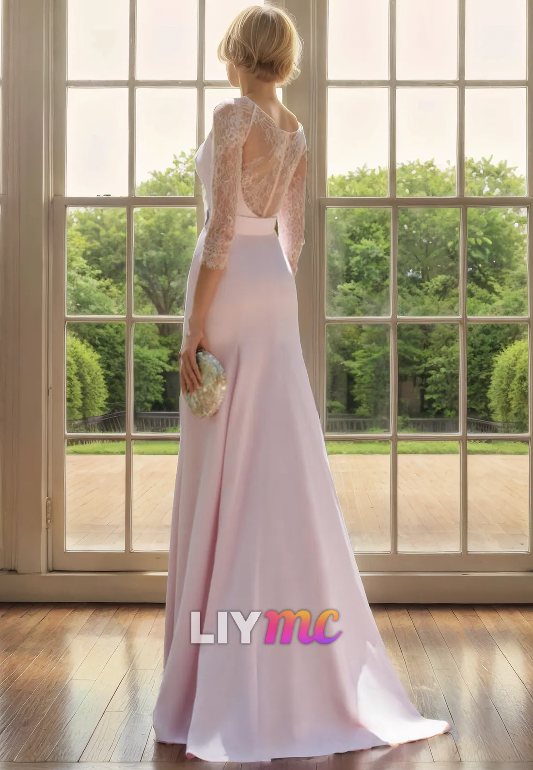 Scoop Long Sleeves Appliques Open Back Satin Mother of Bride Dress Cocktail Dress