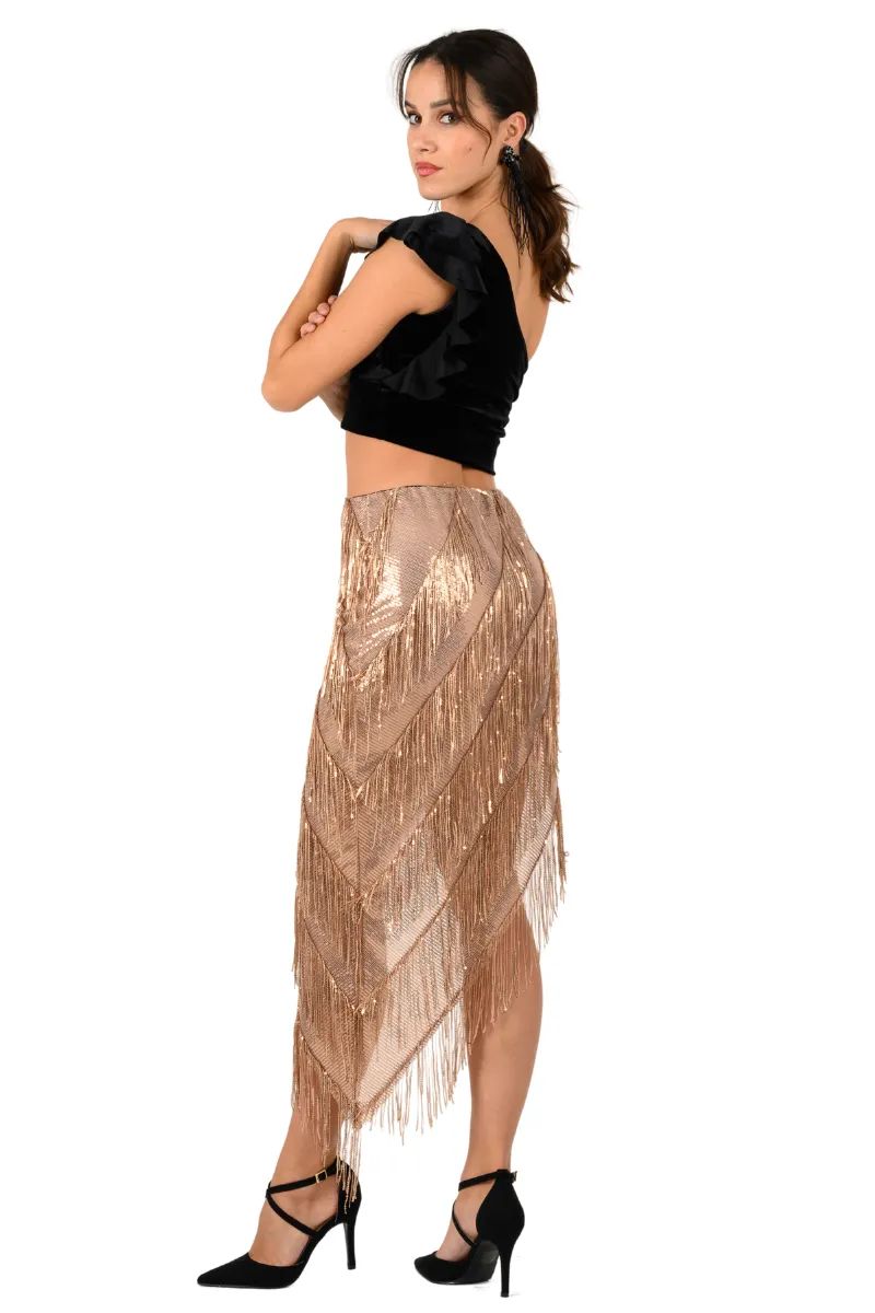 Sparkling Sequin Fringe Asymmetric Tango Skirt