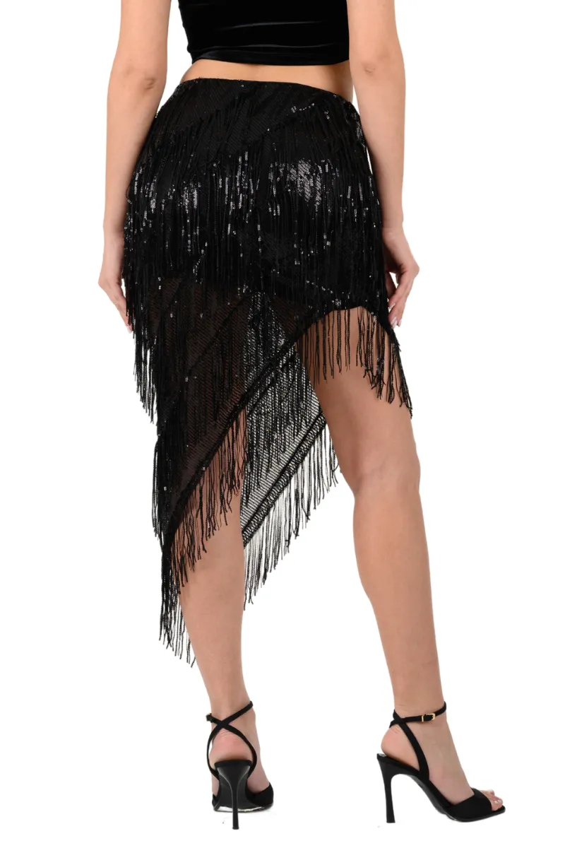 Sparkling Sequin Fringe Asymmetric Tango Skirt