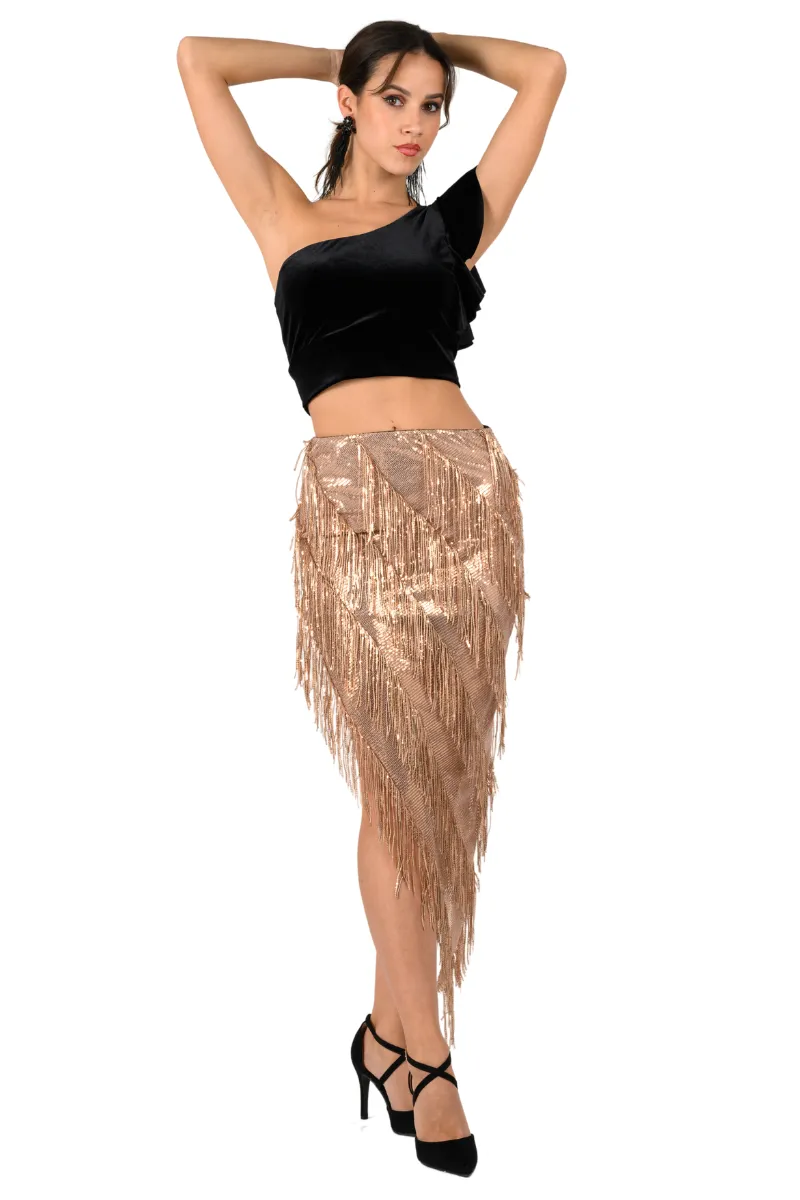 Sparkling Sequin Fringe Asymmetric Tango Skirt
