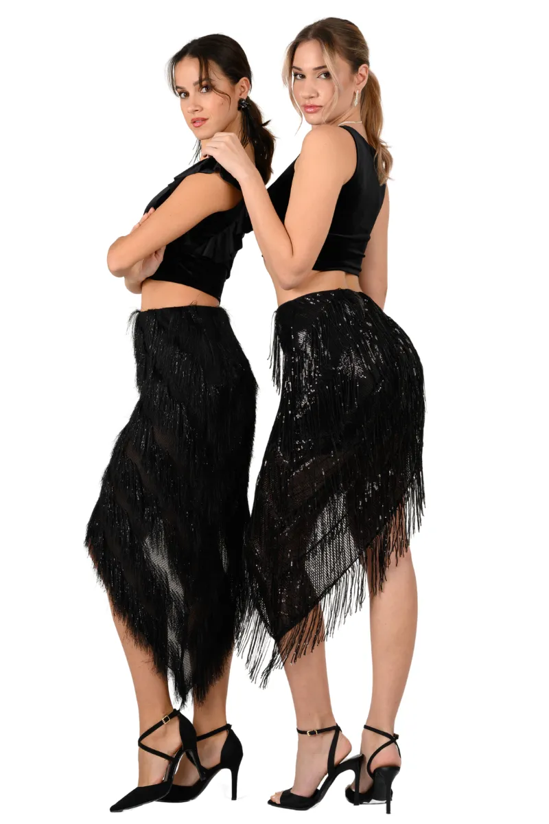 Sparkling Sequin Fringe Asymmetric Tango Skirt