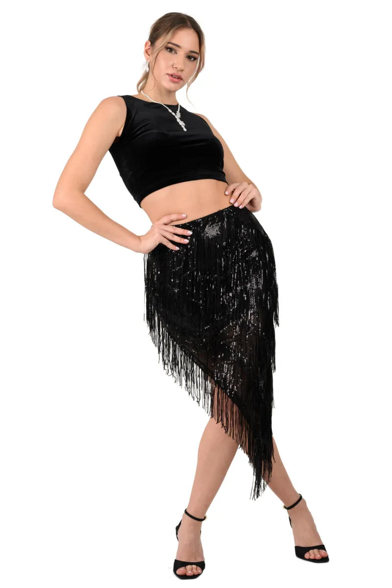 Sparkling Sequin Fringe Asymmetric Tango Skirt