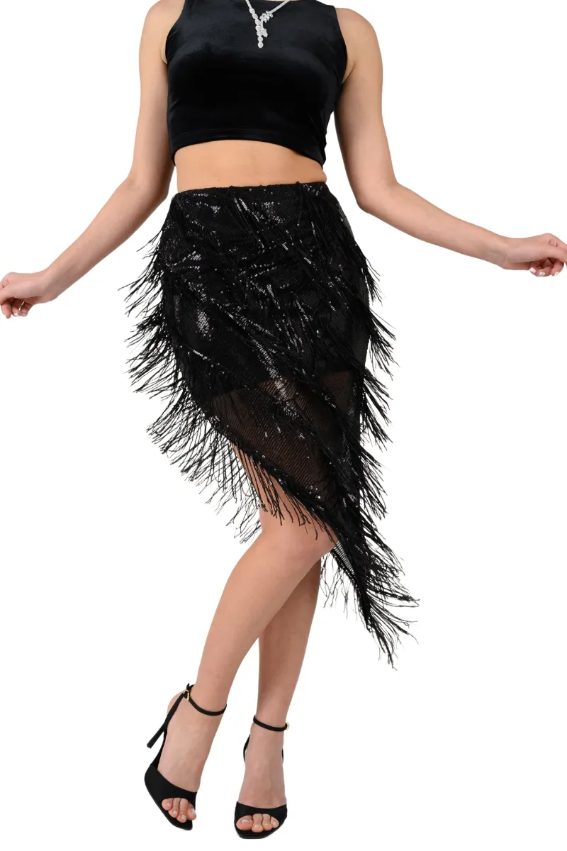 Sparkling Sequin Fringe Asymmetric Tango Skirt