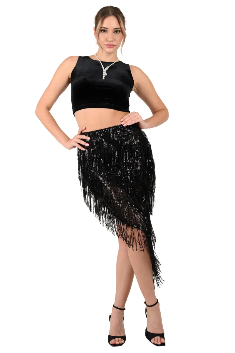 Sparkling Sequin Fringe Asymmetric Tango Skirt