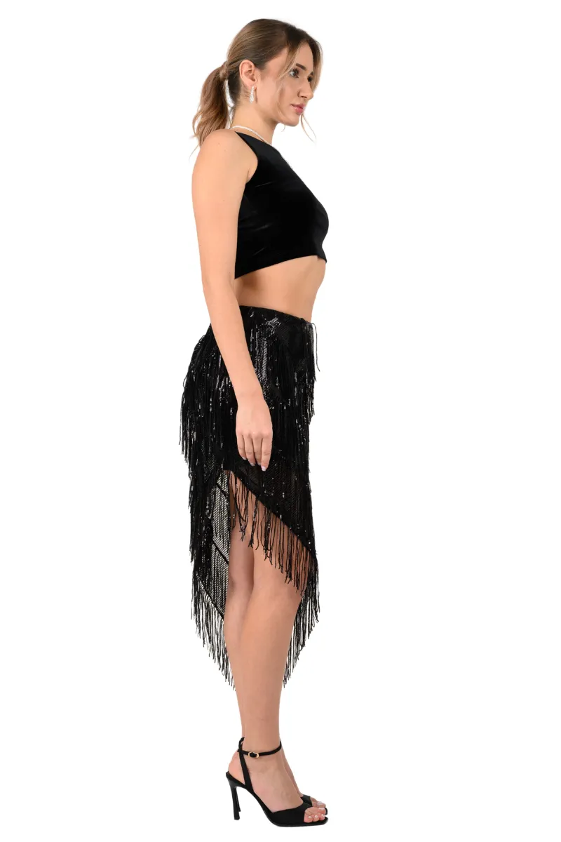 Sparkling Sequin Fringe Asymmetric Tango Skirt