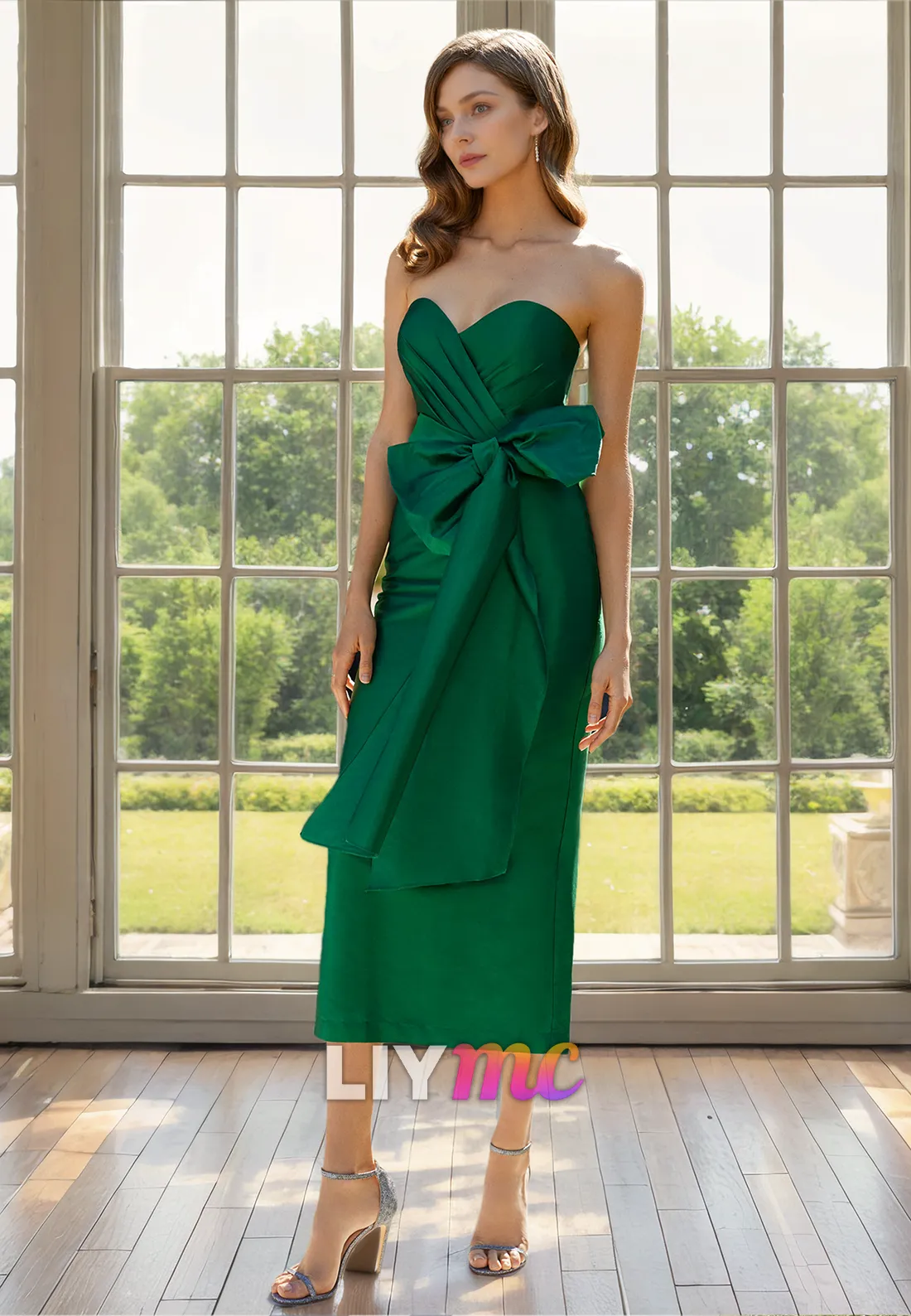 Sweetheart Puff Sleeves Bowknot Sleek Satin Mother of Bride Dress Cocktail Dress