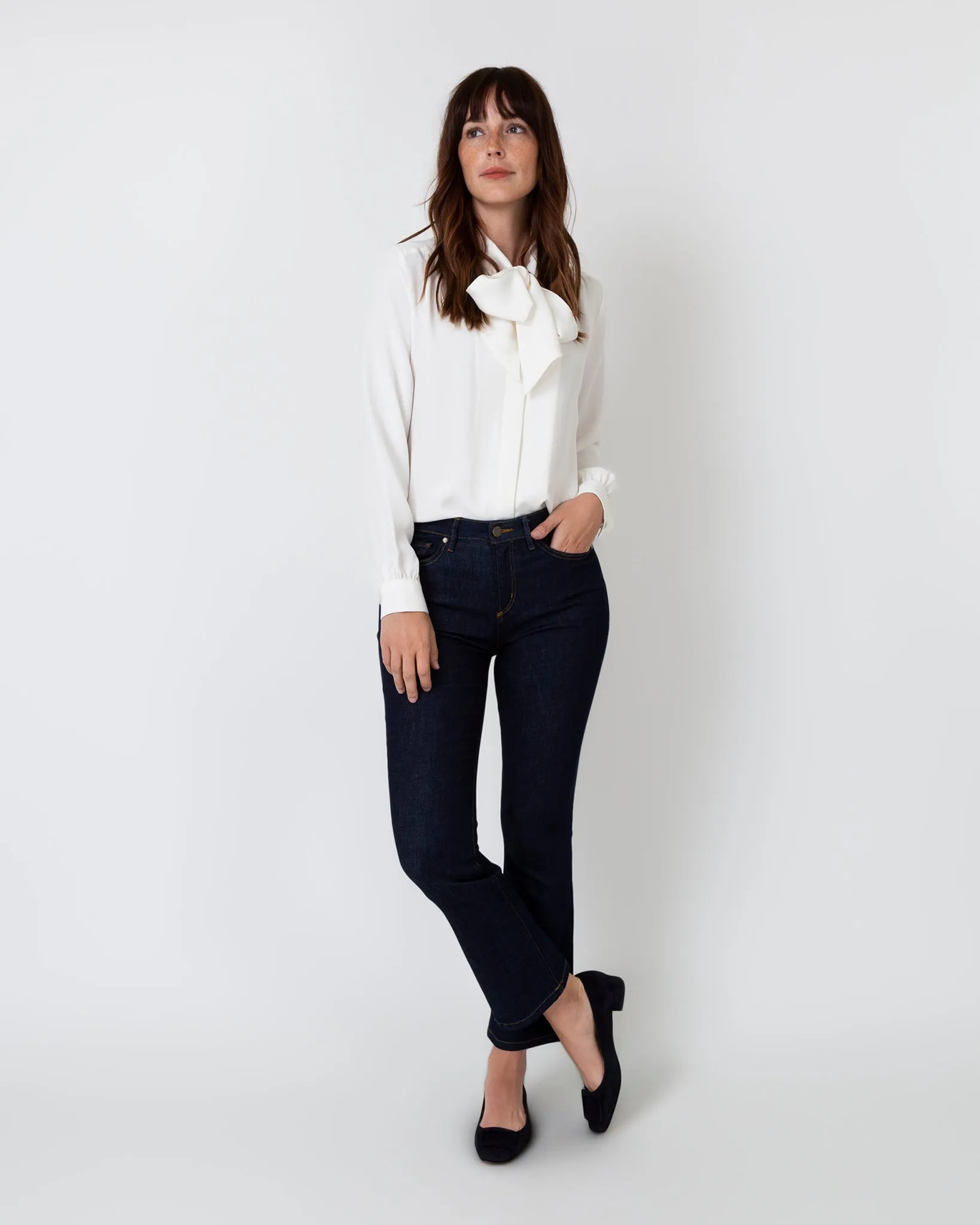 Tie-Neck Blouse in Ivory Silk Crepe de Chine