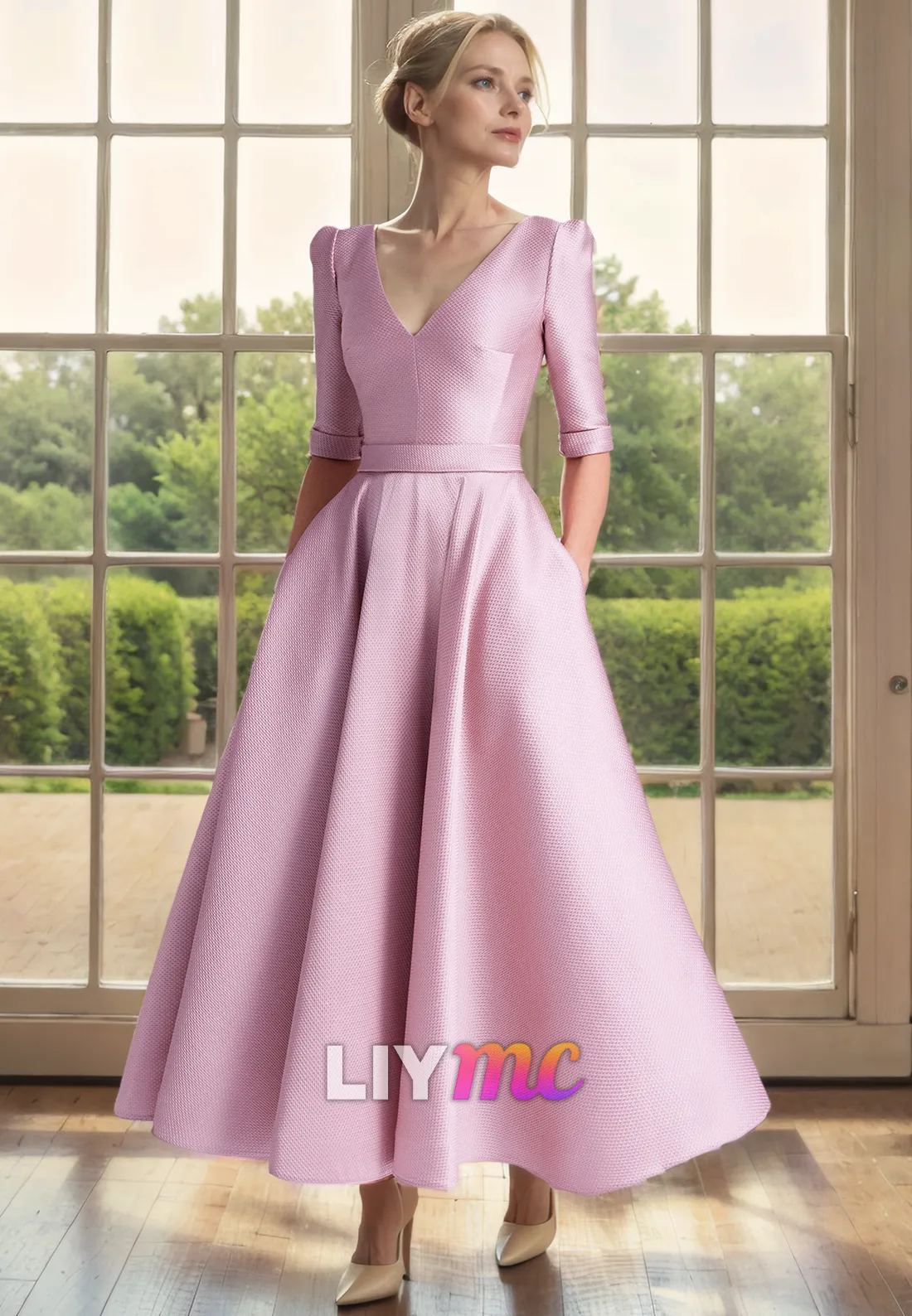 V-Neck Half Sleeves Pleated Sleek Satin A-LIne Mother of Bride Dress Cocktail Dress
