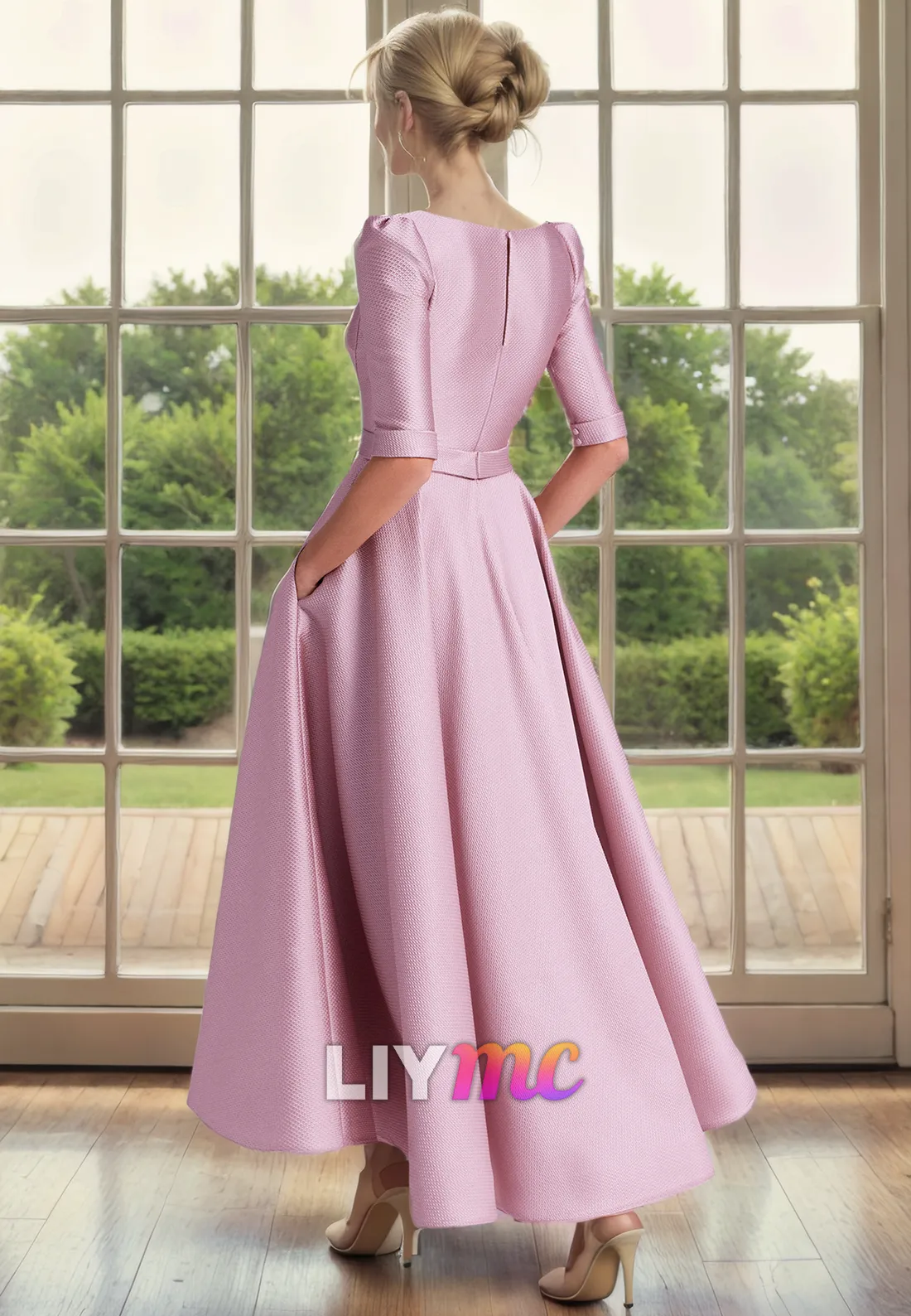 V-Neck Half Sleeves Pleated Sleek Satin A-LIne Mother of Bride Dress Cocktail Dress