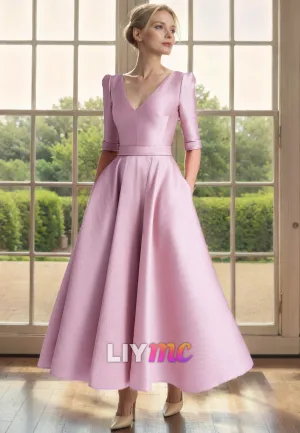 V-Neck Half Sleeves Pleated Sleek Satin A-LIne Mother of Bride Dress Cocktail Dress