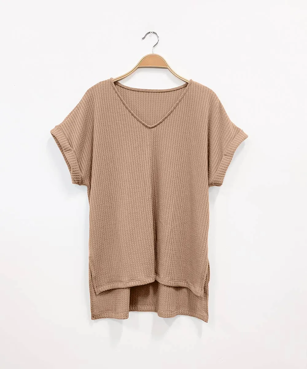 Waffle Crop Sleeve Dolman Tunic in Mocha