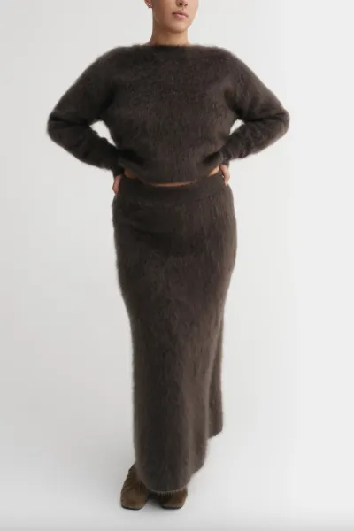 Zoe Crewneck Sweater and Umi Brushed Cashmere Skirt, Chocolate