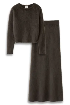 Zoe Crewneck Sweater and Umi Brushed Cashmere Skirt, Chocolate